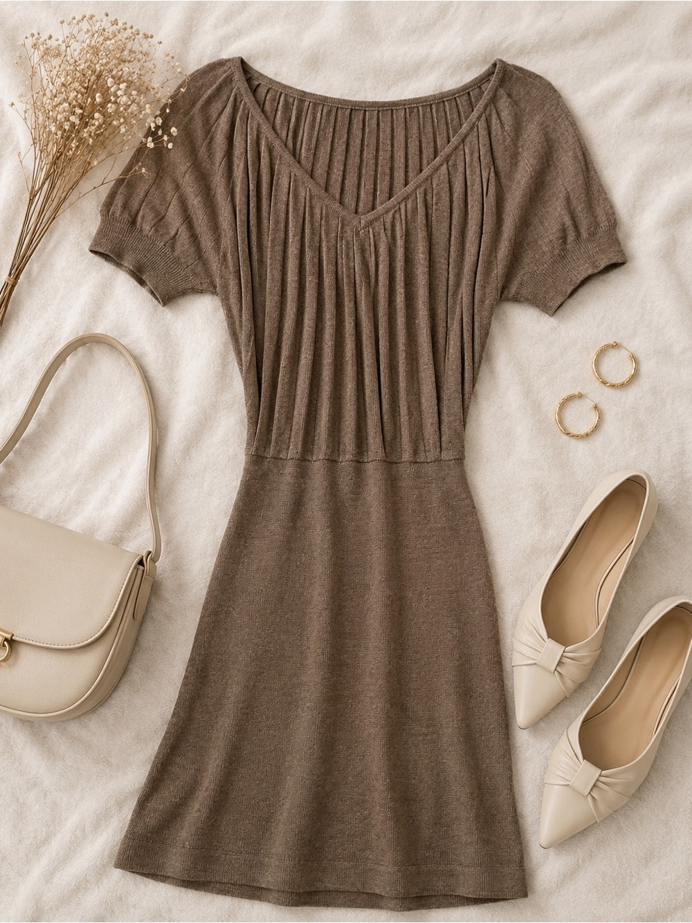 LOFT Petite Merino Wool Blend Sweater Dress XS Petite | Taupe Puff Sleeve Knit